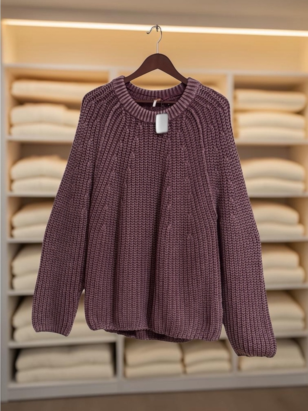 Free People Plum Ribbed Cotton Crewneck Sweater Sz L